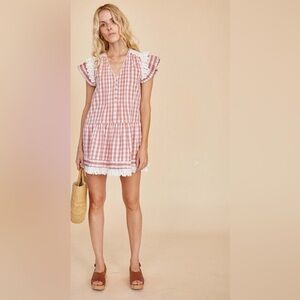 Hunter Bell Virginia Gingham Check Flutter Sleeve Mini Dress SZ L Rosette Check